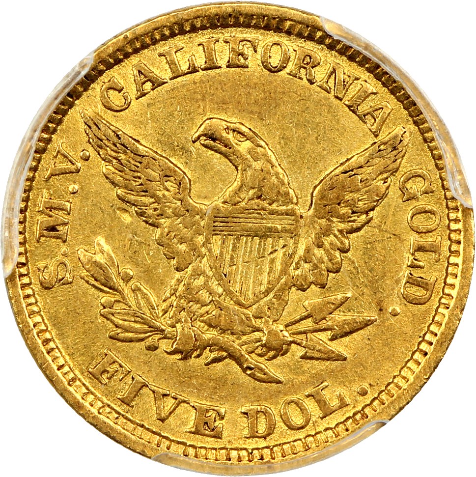 image for: 1849 Moffat $5 PCGS/CAC AU53