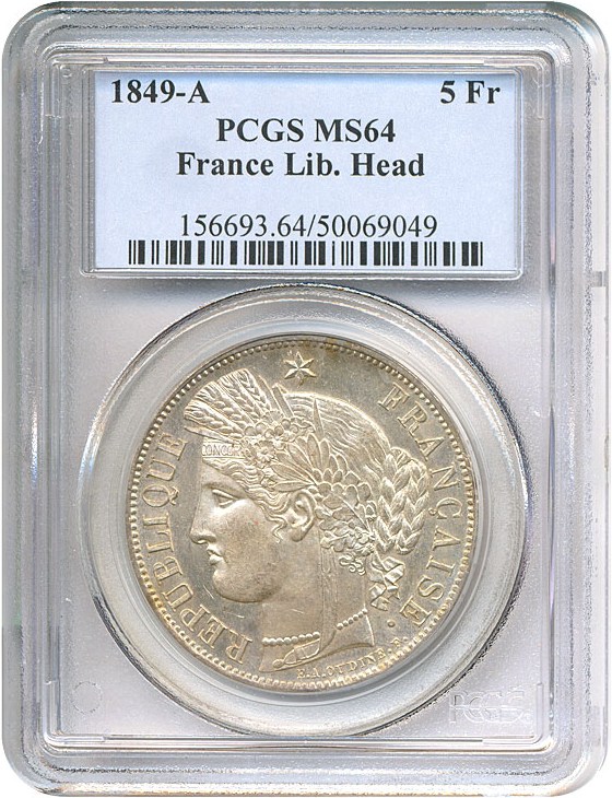 image for: France: 1849-A 5 Fr Lib. Head PCGS MS64   