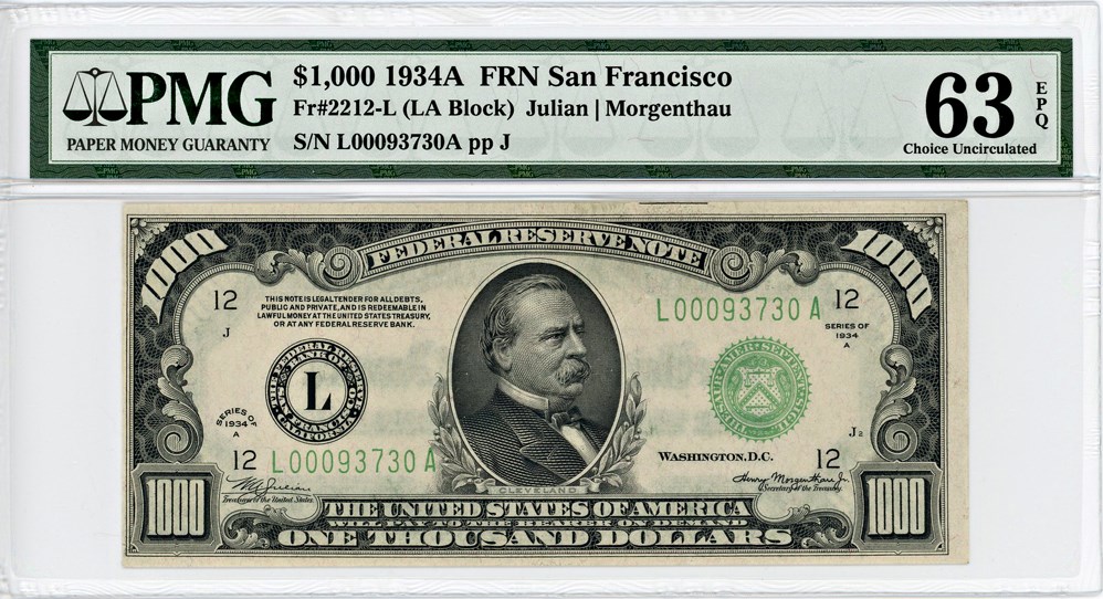 image for: FR. 2212-L 1934A $1000 FRN San Francisco PMG Choice Unc 63 EPQ