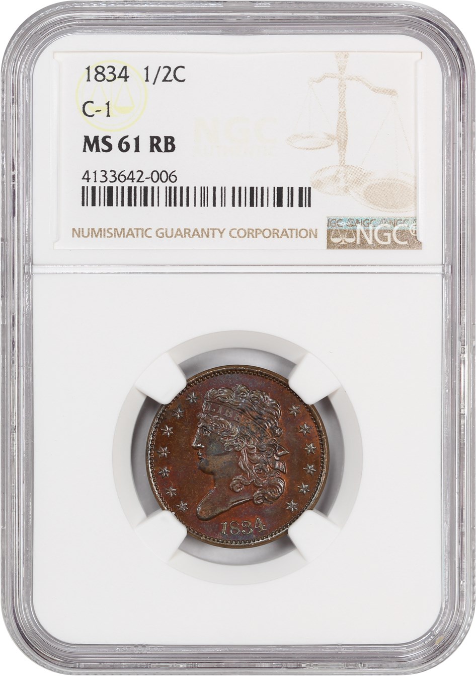 image for: 1834 1/2c NGC MS61 RB (C-1)