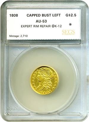 image for: 1808 $2 1/2 SEGS AU53 Capped Bust Left (Expert Rim Repair at K-12)
