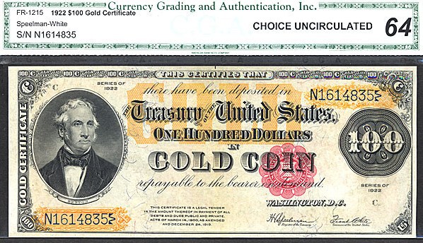 image for: Fr.1215 1922 $100  CGA Choice CU64  [N1614835]