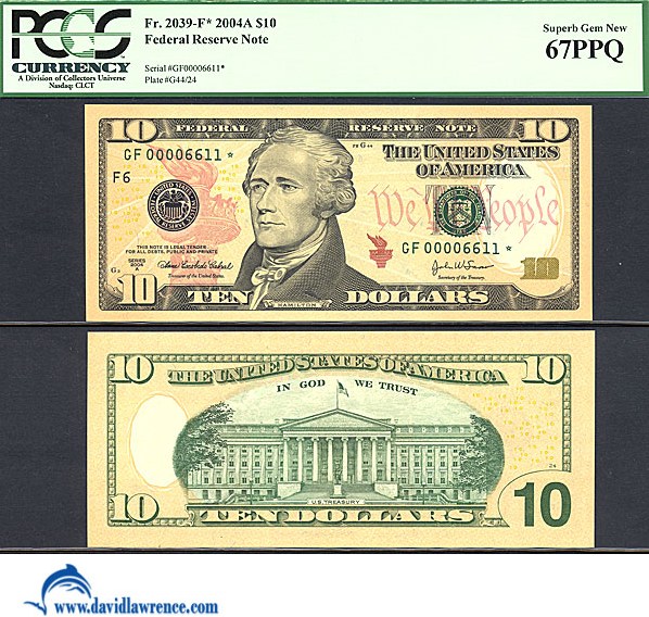 image for: Fr.2039-F 2004A $10 PCGS Gem CU67  PPQ [GF00006611*] *Star* 