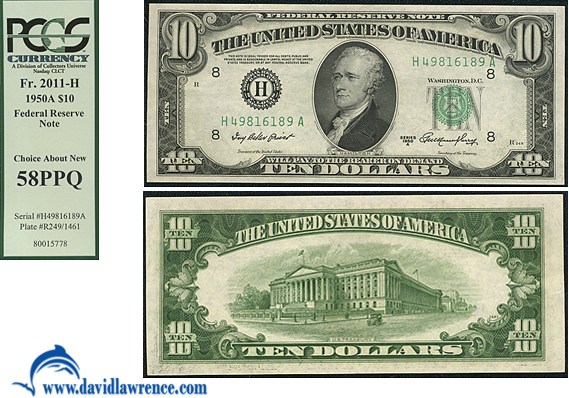 image for: Fr.2011H 1950A $10 Dark Green Seal PCGS AU58 PPQ [H49816189A]