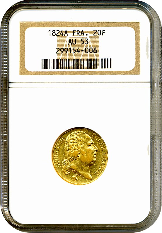 image for: France: 1824-A 20 Fr  NGC AU53 (KM-712.1)