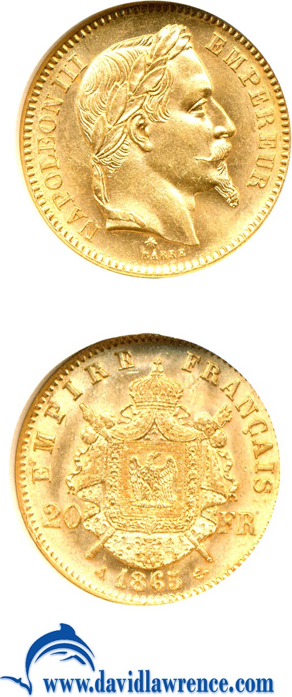 image for: France: 1865-A 20 Fr  NGC MS61  (KM-801.1)