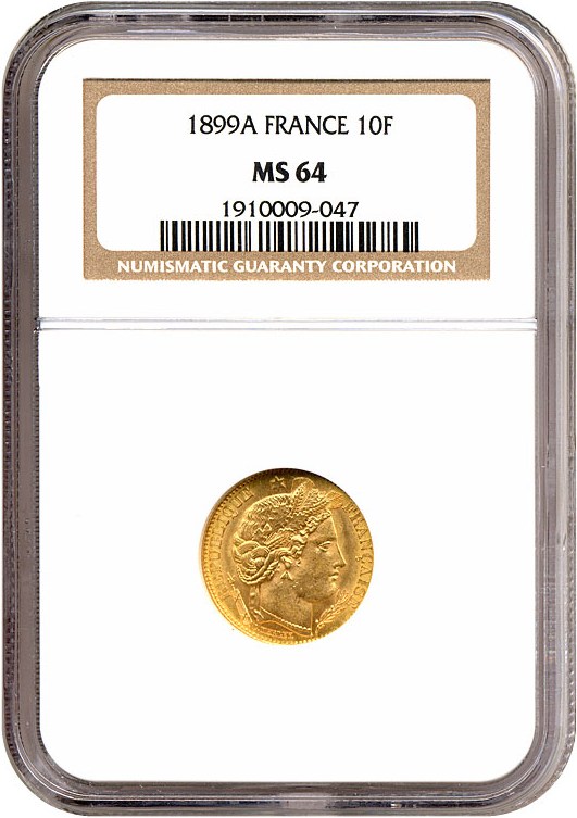 image for: France: 1899-A 10 Fr Wreath Rev NGC MS64   