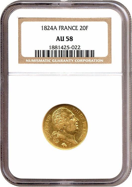 image for: France: 1824-A 20 Fr  NGC AU58 (KM-712.1)