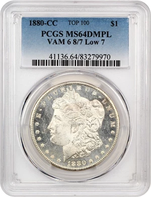 image for: 1880-CC $1 PCGS MS64DMPL (VAM 6, 8/7, Low 7)