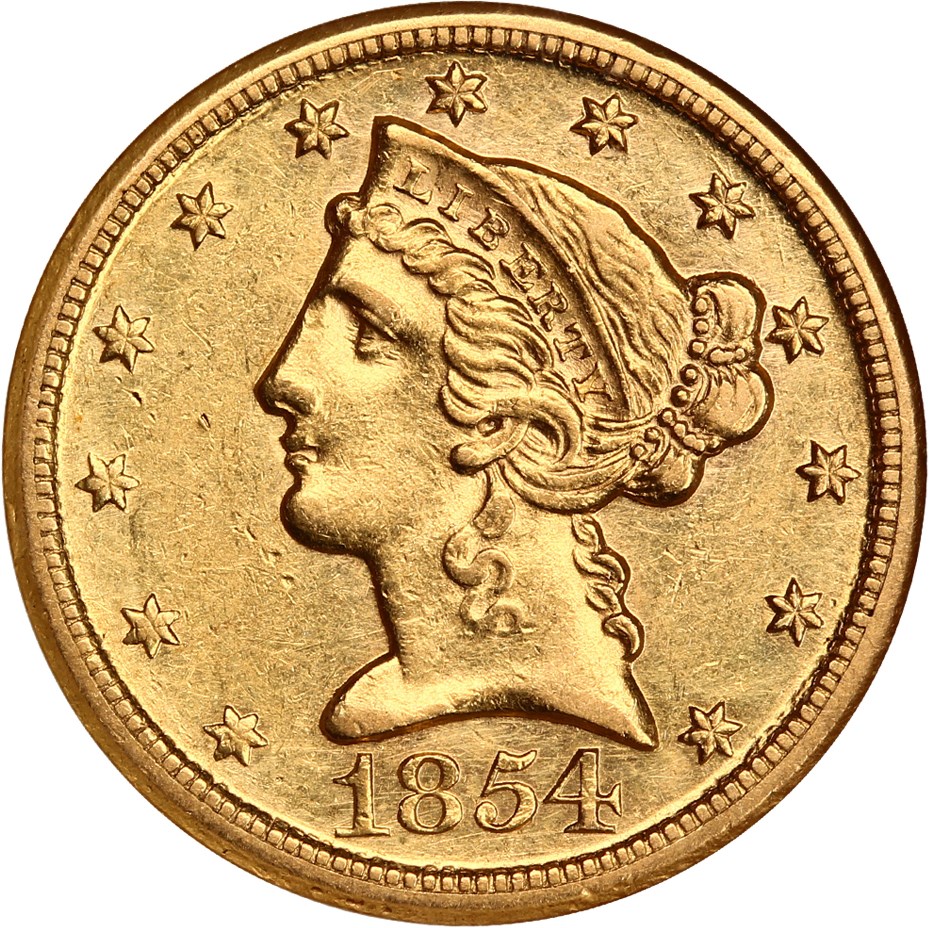 image for: Mint Error: 1854-D $5 NGC AU50 (Large D, Rotated Dies)