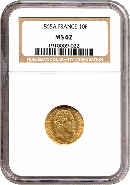 image for: France: 1865-A 10 Fr  NGC MS62   