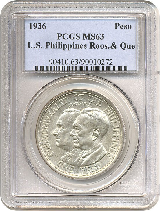 image for: U.S. Philippines: 1936 Peso Roosevelt & Queson PCGS MS63 