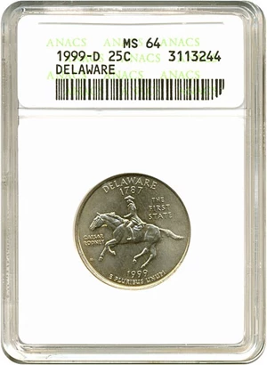 image for: 1999-D 25c Delaware ANACS MS64