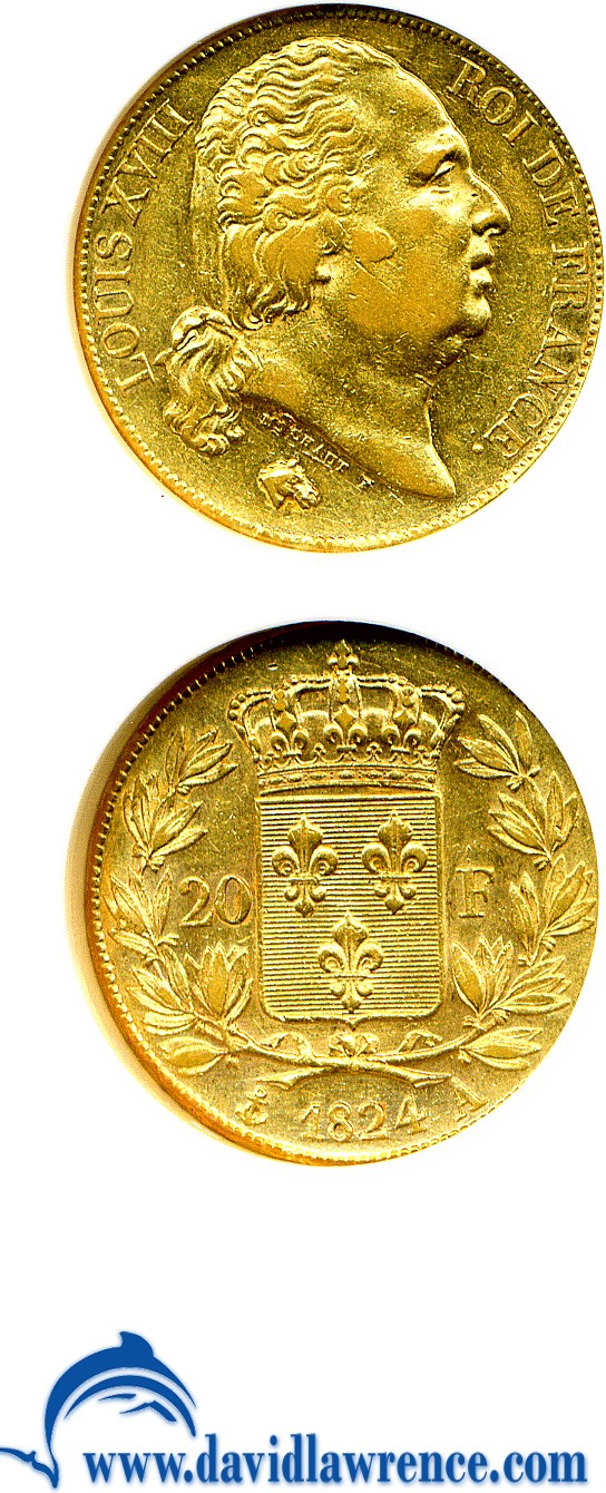 image for: France: 1824-A 20 Fr  NGC AU53 (KM-712.1)