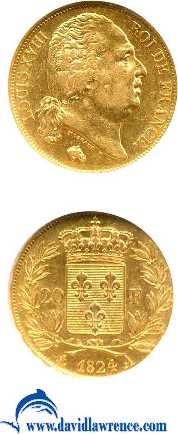 image for: France: 1824-A 20 Fr  NGC AU58 (KM-712.1)