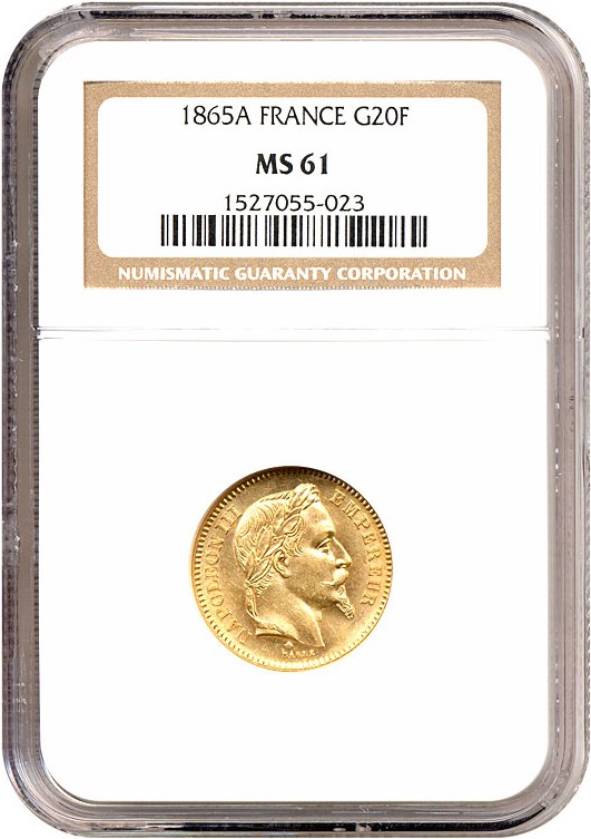 image for: France: 1865-A 20 Fr  NGC MS61  (KM-801.1)