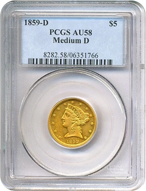 image for: 1859-D $5 Medium D PCGS AU58