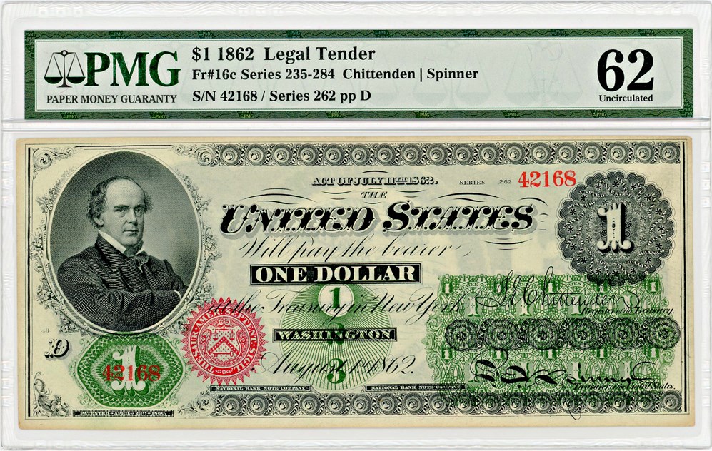 image for: FR. 16c 1862 $1 Legal Tender Type 2 PMG Unc 62