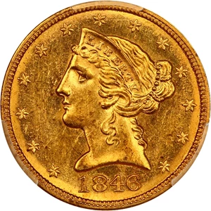 image for: 1846 $5 PCGS MS63 (Large Date)