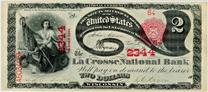 image for: FR. 391 1875 1st Charter Period $2 Las Crosse NB PMG Choice Unc 63 EPQ #2344 Wisconsin (Pinholes)