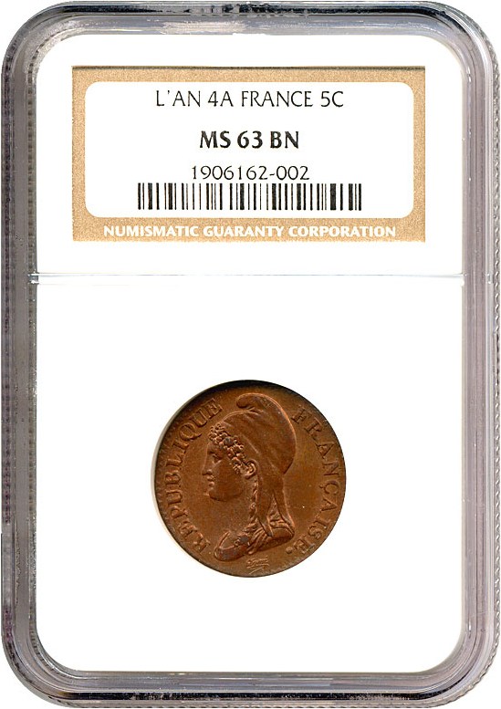 image for: France: L'AN4-A 5 Centime  NGC MS63 BN