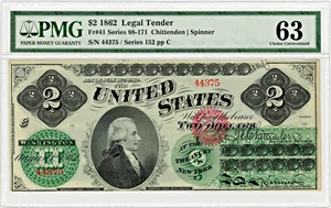 image for: FR. 41 1862 $2 Legal Tender Seal Type 2 PMG Choice Unc 63 (Small Tear)