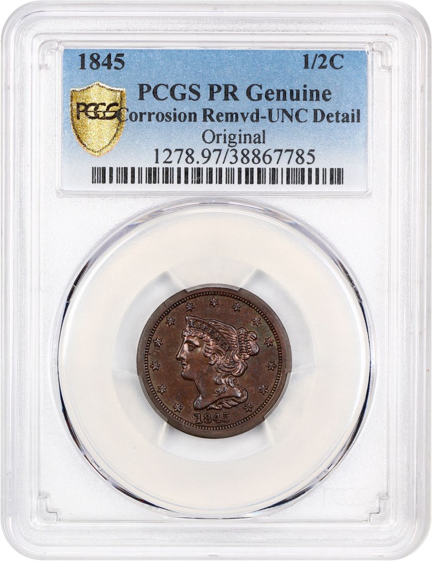 image for: 1845 1/2c PCGS Proof UNC Details (Original, Corrosion Removed)