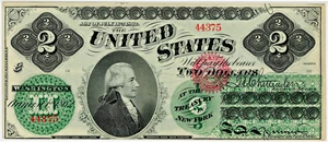image for: FR. 41 1862 $2 Legal Tender Seal Type 2 PMG Choice Unc 63 (Small Tear)