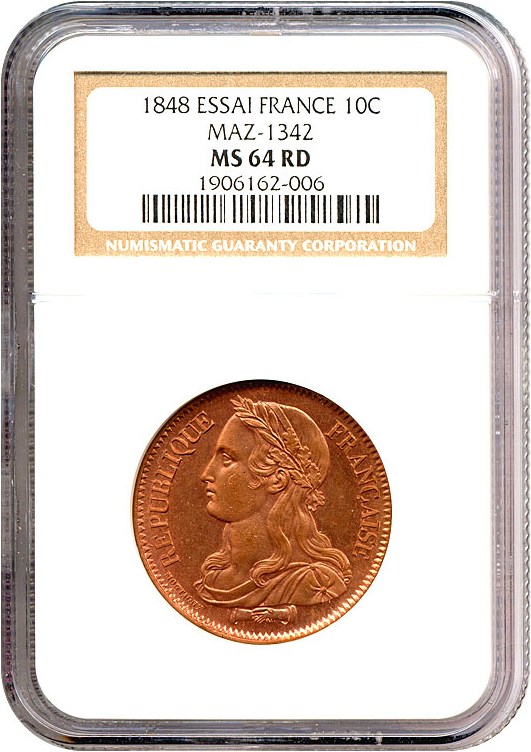 image for: France: 1848 Essai 10 Centime NGC MS64 RD (MAZ-1342)