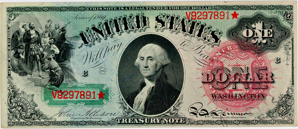 image for: FR. 18 1869 $1 Legal Tender PMG Choice Unc 64