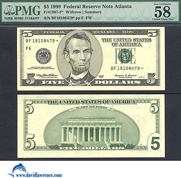 image for: Fr.1987F* 1999 $5 Fort Worth, TX PMG AU58 [BF18108479] *Star* 