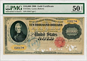 image for: FR. 1225a 1900 $10,000 Gold Certificate PMG About Unc 50 (Cancelled, Repaired, Pieces Added)