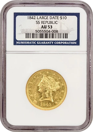 image for: S.S. Republic Shipwreck: 1842 $10 NGC AU53 (Large Date)