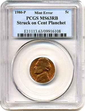 image for: 1980-P 5c Struck on Cent Planchet PCGS MS63 RB