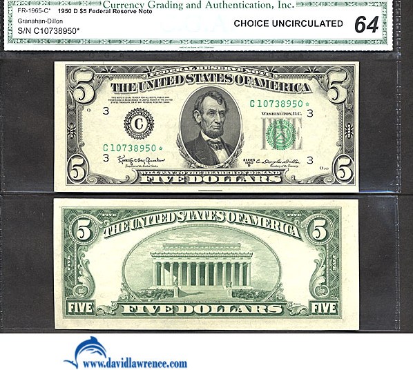 image for: Fr.1965C 1950D $5 Dark Green Seal CGA Choice CU64  [C10738950] *Star* 