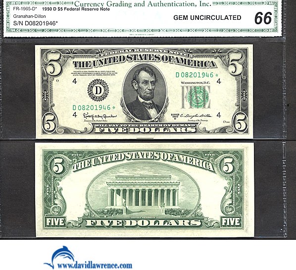 image for: Fr.1965D* 1950D $5 Dark Green Seal CGA Gem CU66  [D08201946] *Star* 