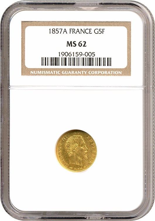 image for: France: 1857-A 5 Fr Gold NGC MS62   