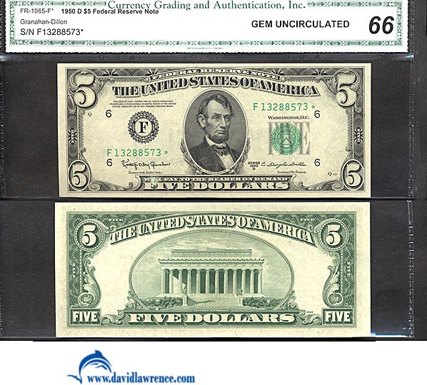 image for: Fr.1965F* 1950D $5 Dark Green Seal CGA Gem CU66  [F13288573] *Star* 