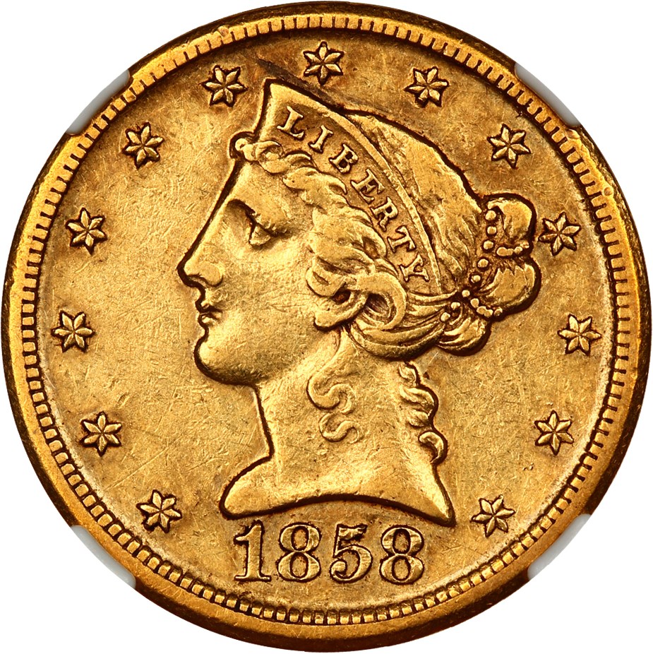 image for: 1858-D $5 NGC/CAC AU50