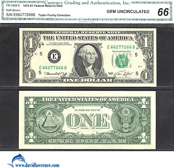 image for: Fr.1908E 1974 $1  CGA Gem CU66  [E66277266] *Fancy Serial* 