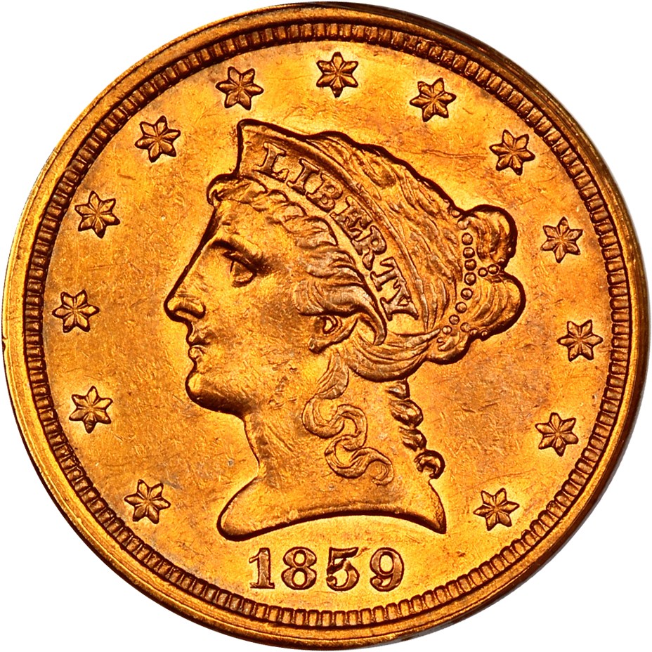 image for: 1859 $2 1/2 PCGS AU55 (Old Reverse)