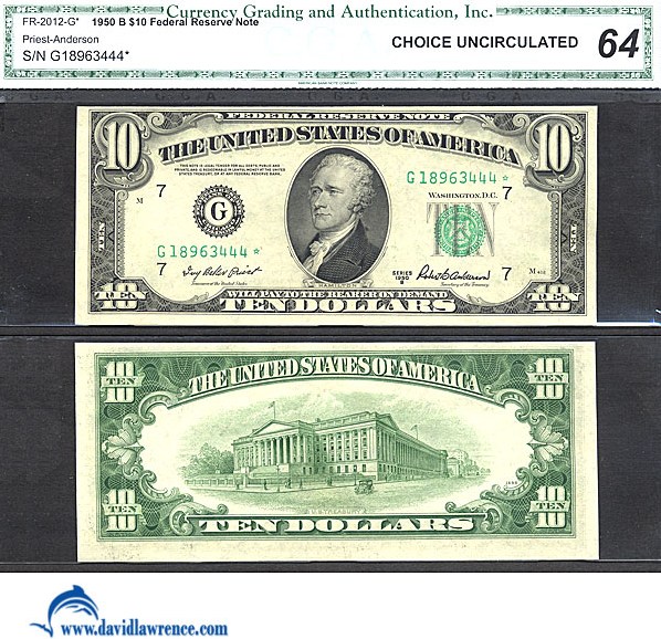 image for: Fr.2012G* 1950B $10 Dark Green Seal CGA Choice CU64  [G18963444] *Star* 