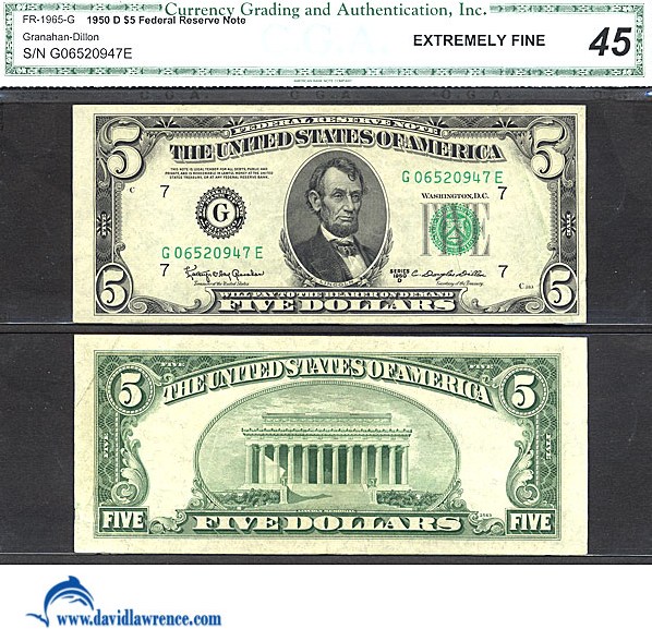 image for: Fr.1965G 1950D $5 Dark Green Seal CGA XF45  [G06520947E]