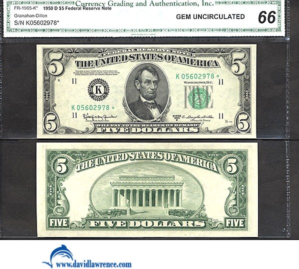 image for: Fr.1965K* 1950D $5 Dark Green Seal CGA Gem CU66  [K05602978] *Star* 