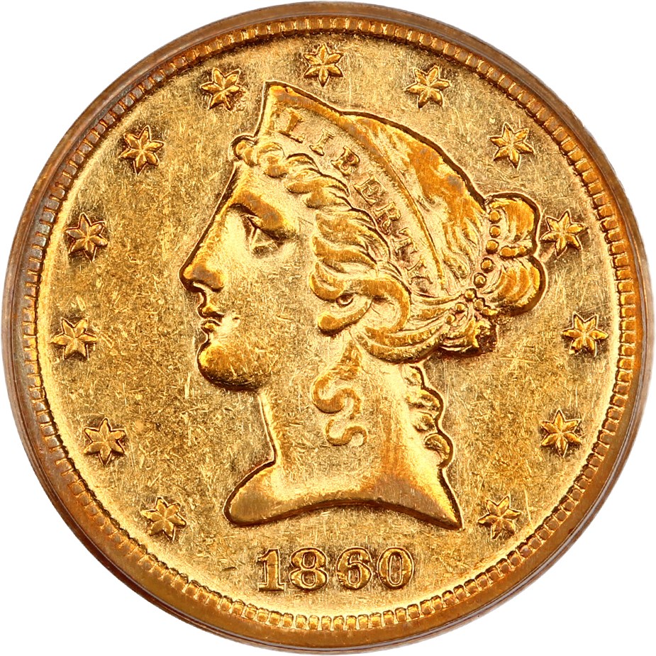 image for: 1860-D $5 PCGS AU50 (Medium D, OGH)
