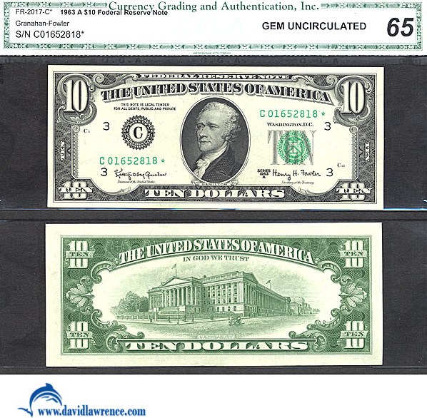 image for: Fr.2017C* 1963A $10 Dark Green Seal CGA Gem CU65  [C01652818] *Star* 