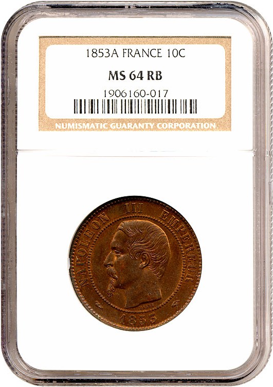 image for: France: 1853-A 10 Centime (KM-771.1) NGC MS64 RB