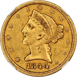 image for: Mint Error: 1844-D $5 NGC AU53 (Medallic Alignment)