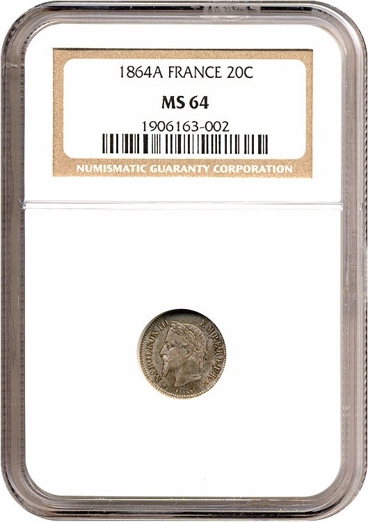 image for: France: 1864-A 20 Centime  NGC MS64   