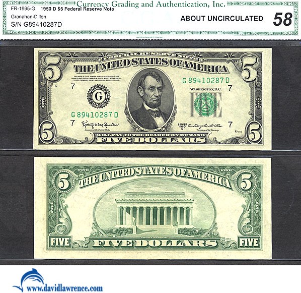 image for: Fr.1965G 1950D $5 Dark Green Seal CGA AU58  [G89410287D]